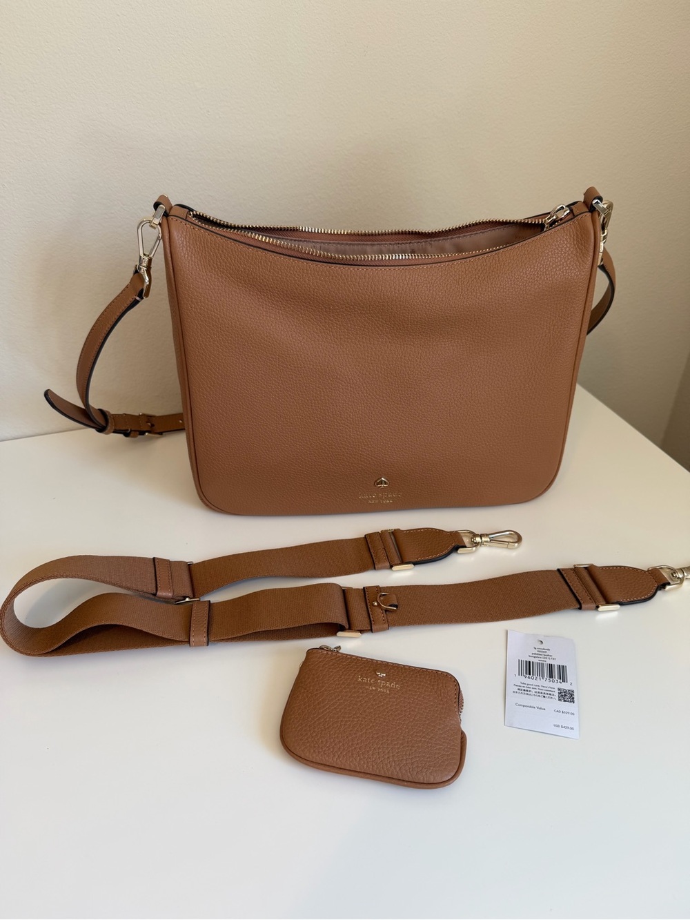 kate spade pebble leather crossbody in cognac tan with coin pouch